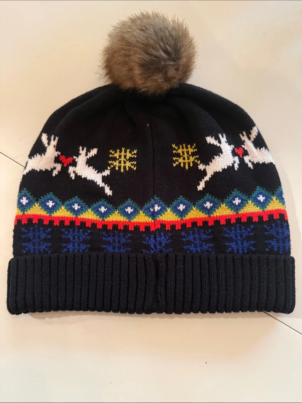 Hanna Andersson Navy Knit Pom Beanie with Reindeer Motif